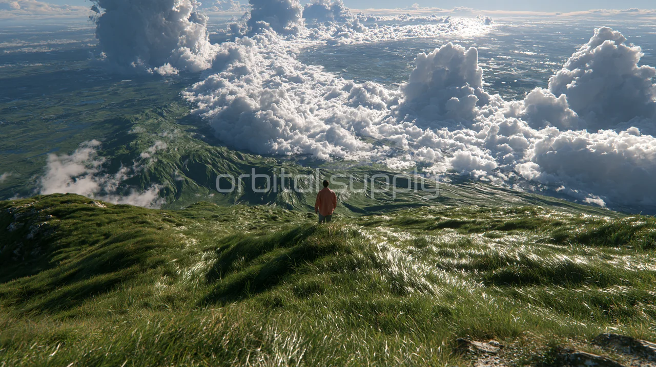 A small person overlooks folded green hills and towering white clouds.