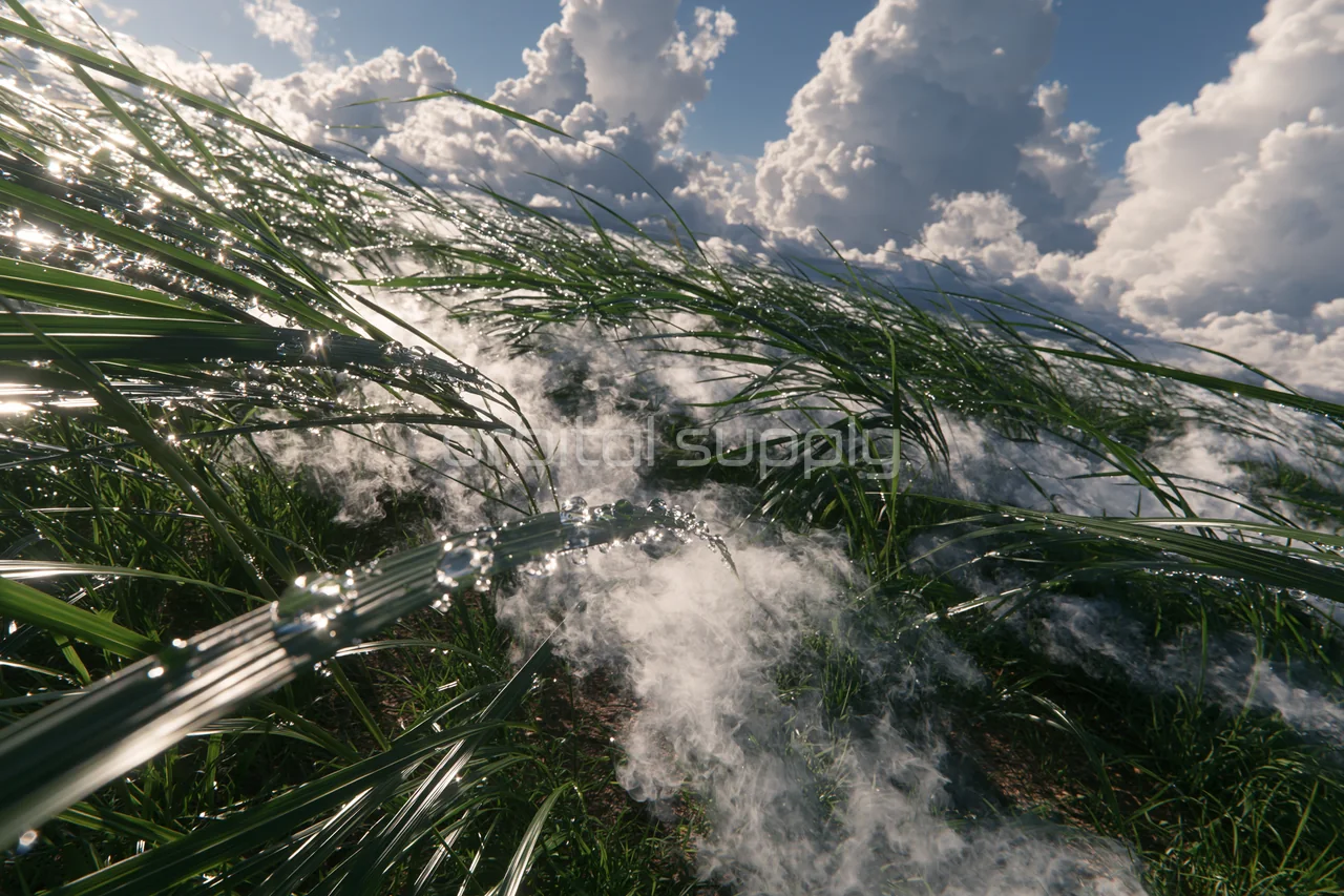 Dew-covered blades of grass beside a low white cloud.