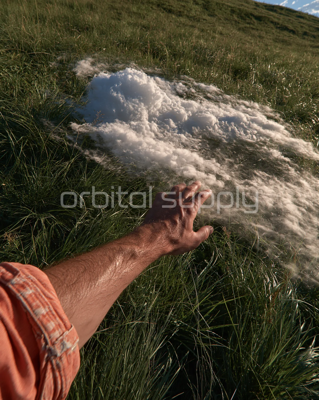 A hand reaches into a small cloud lying in the grass.