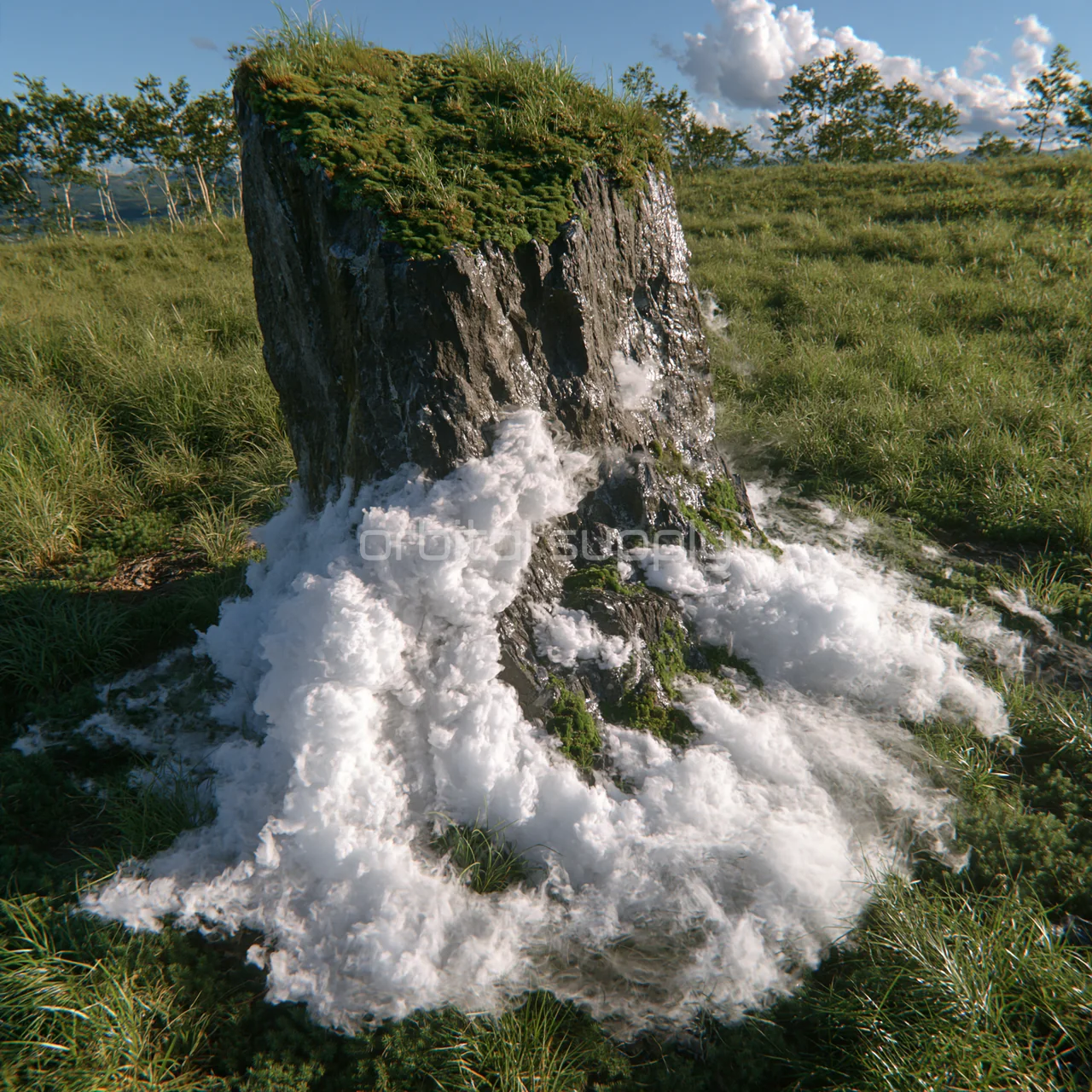 A mossy rock ledge spills white clouds onto a green meadow.