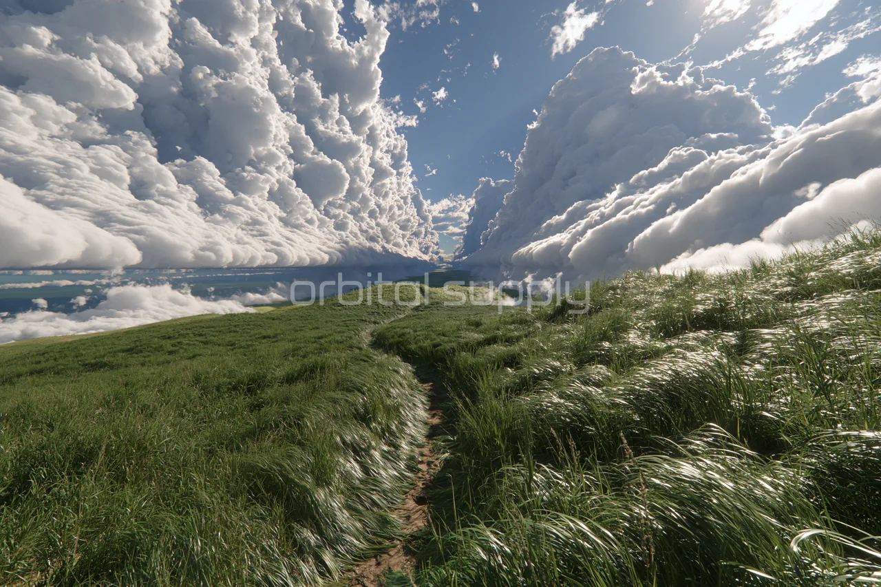 A narrow path crosses grassland beneath tall sculptural clouds.
