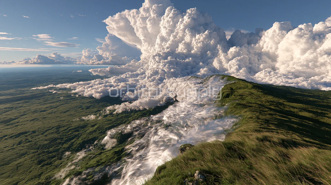A wide green landscape surrounds a winding river of white clouds.