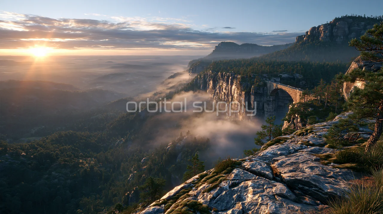 A stone bridge joins forested limestone cliffs above a mist-filled valley at sunrise.
