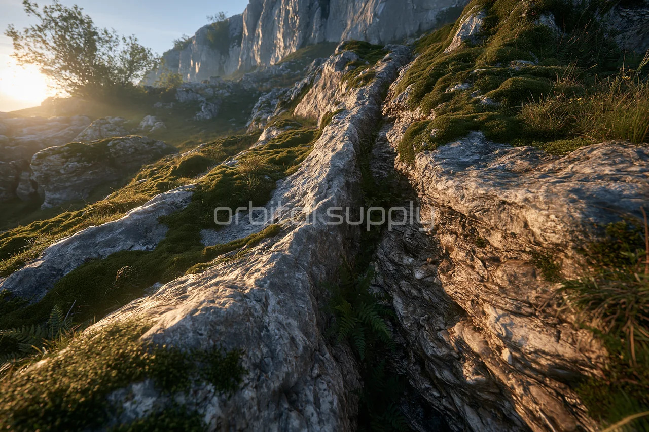 Eroded limestone and moss catch warm light on a forested ledge.