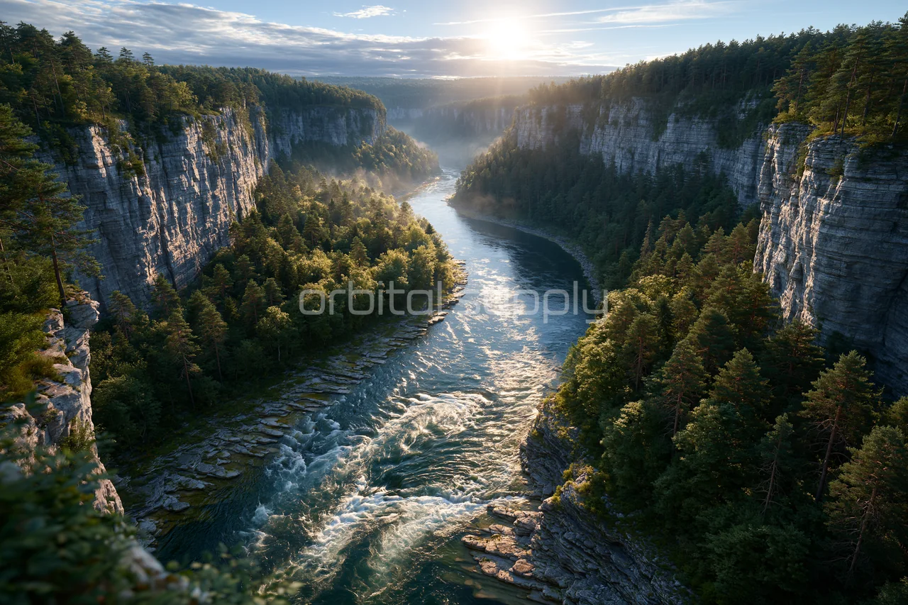 A winding river passes between forested limestone canyon walls.