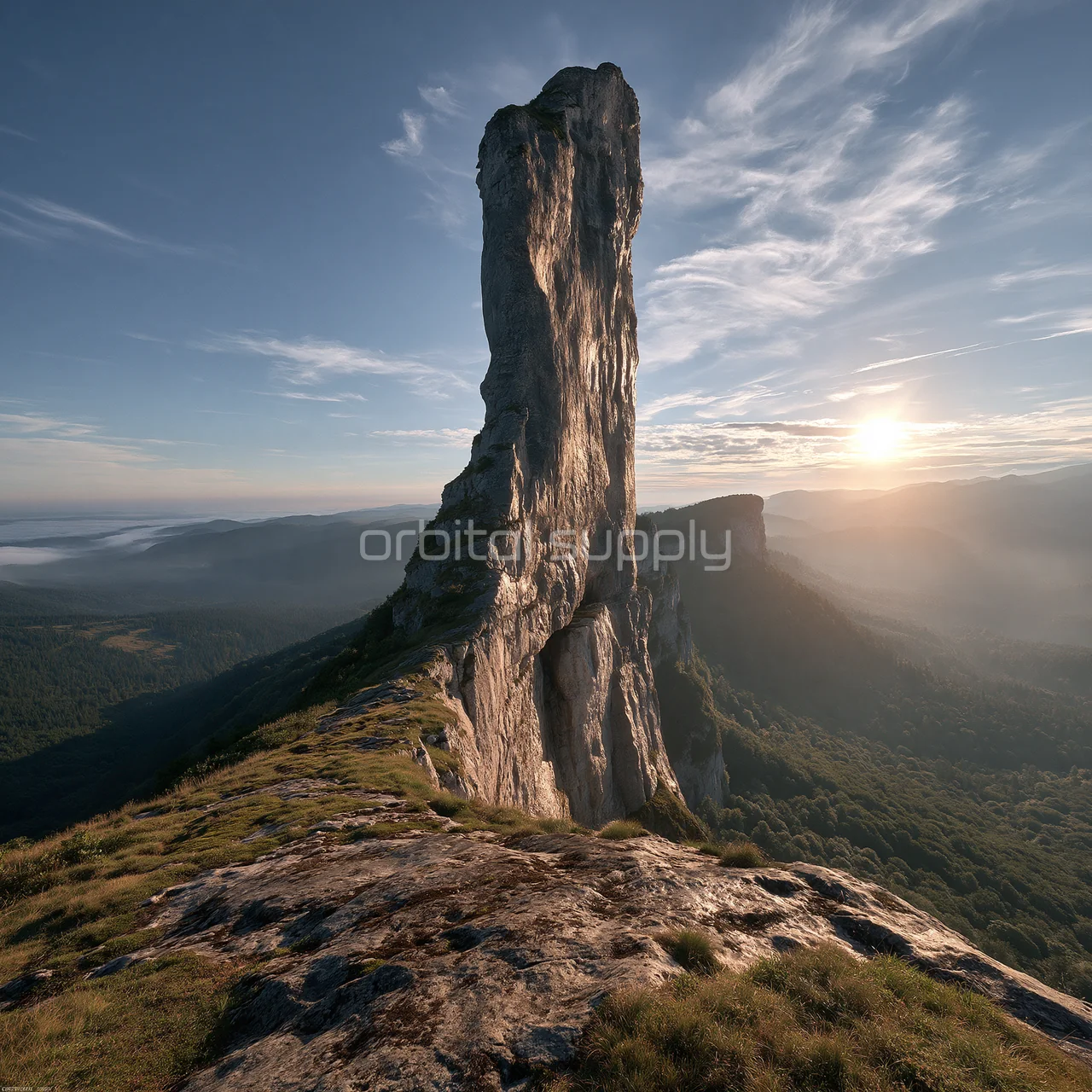 An isolated tall limestone monolith rises above a forest at sunrise.