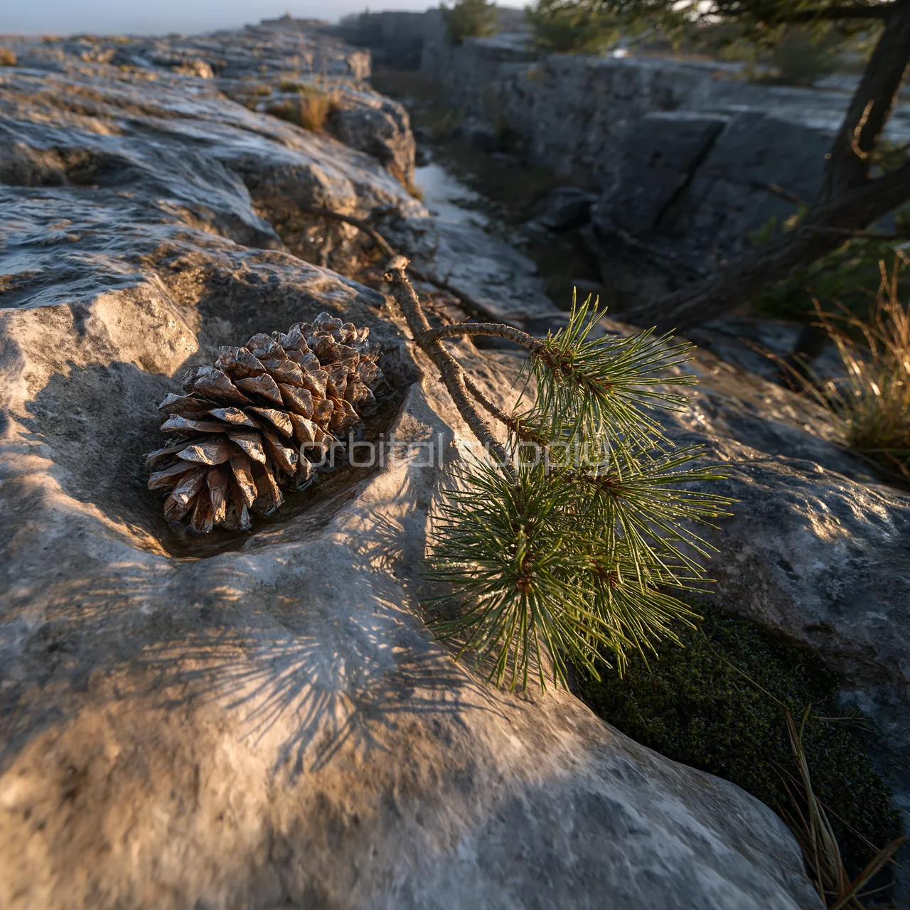 A pine cone and pine needles rest on a sunlit rock.