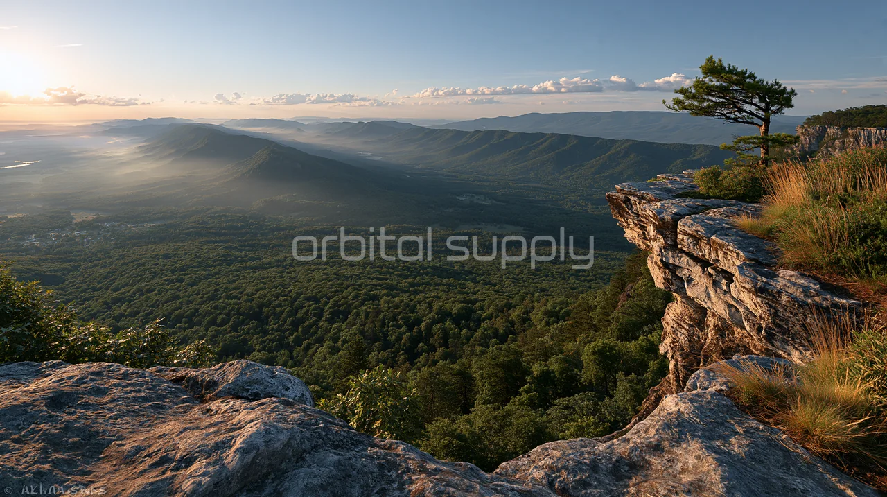 An open forest valley stretches beneath a pale sunrise sky, framed by a rocky ledge.