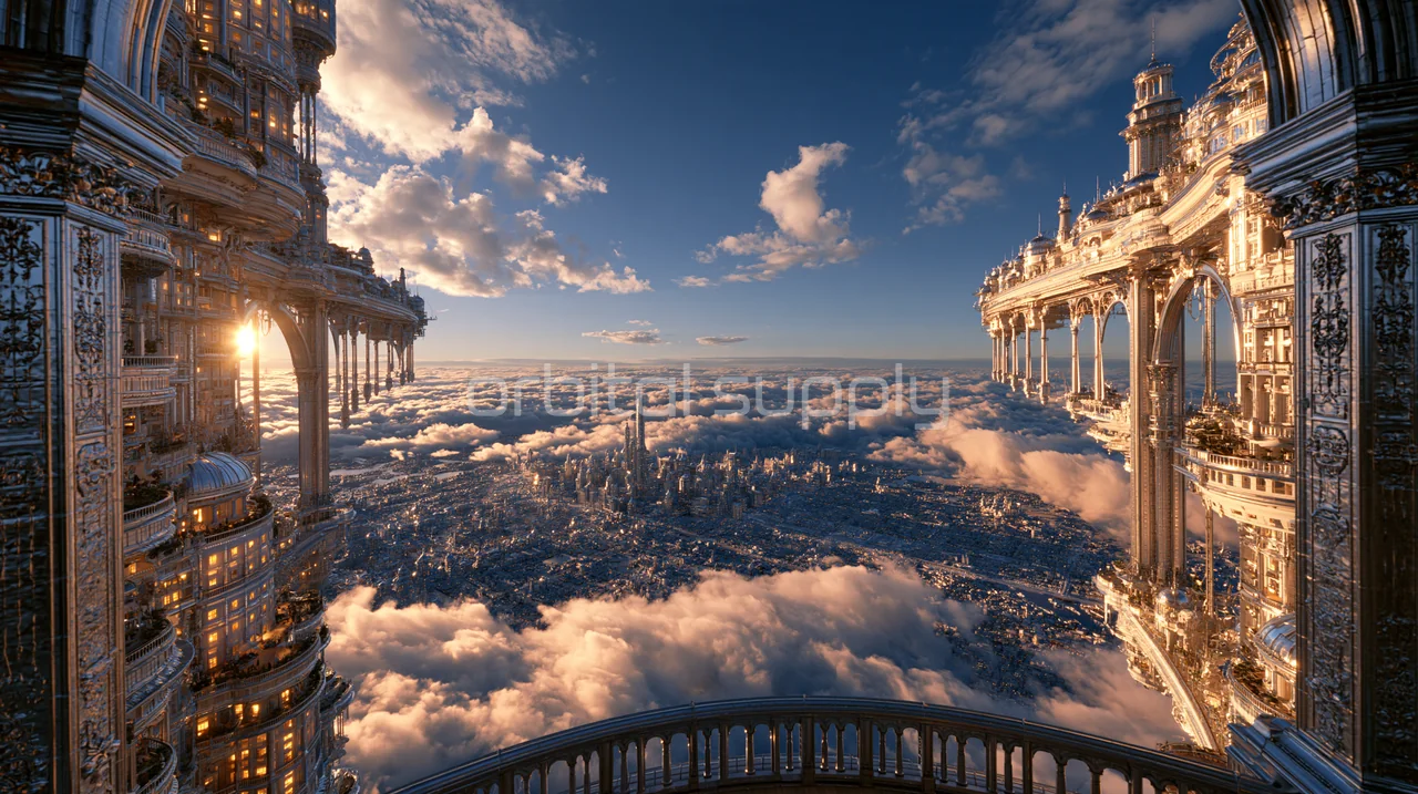 Two ornate silver towers frame a city and a sea of clouds in warm sunset light.