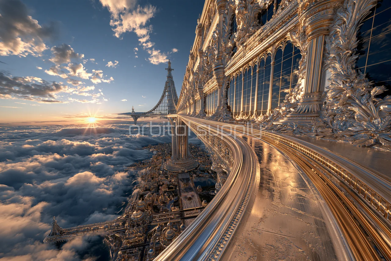 An ornate silver colonnade curves toward the sunset above clouds.