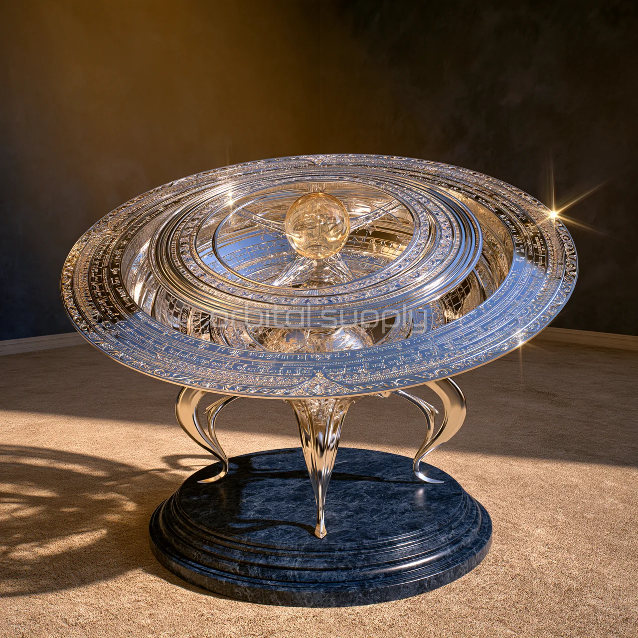 A silver celestial instrument with a golden orb rests on a dark circular base.