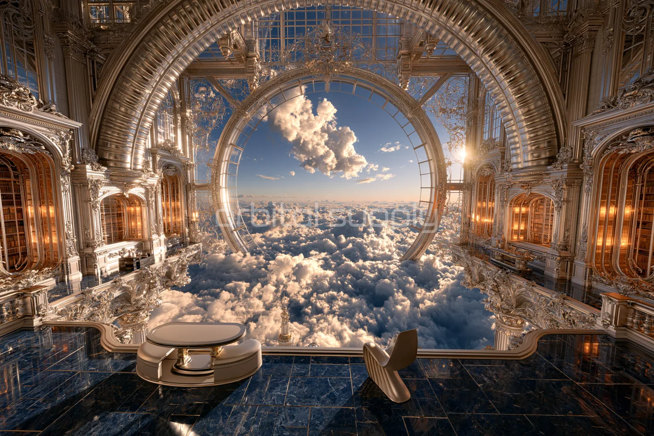 An ornate observatory looks through a circular window onto clouds and distant architecture.