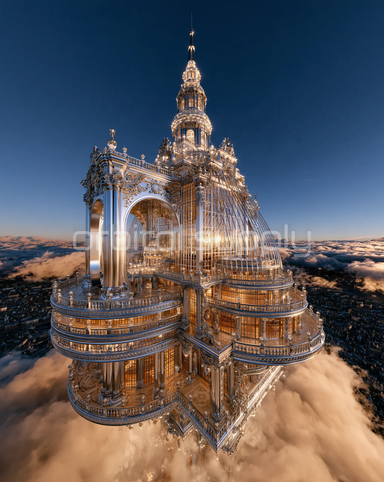 A richly detailed tower appears suspended above a bank of clouds.