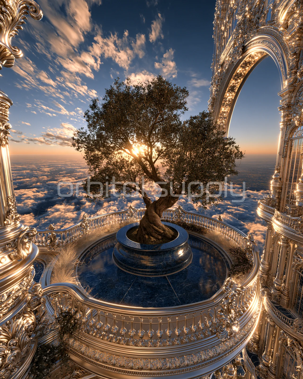 An olive tree grows on a small ornate balcony above the clouds.