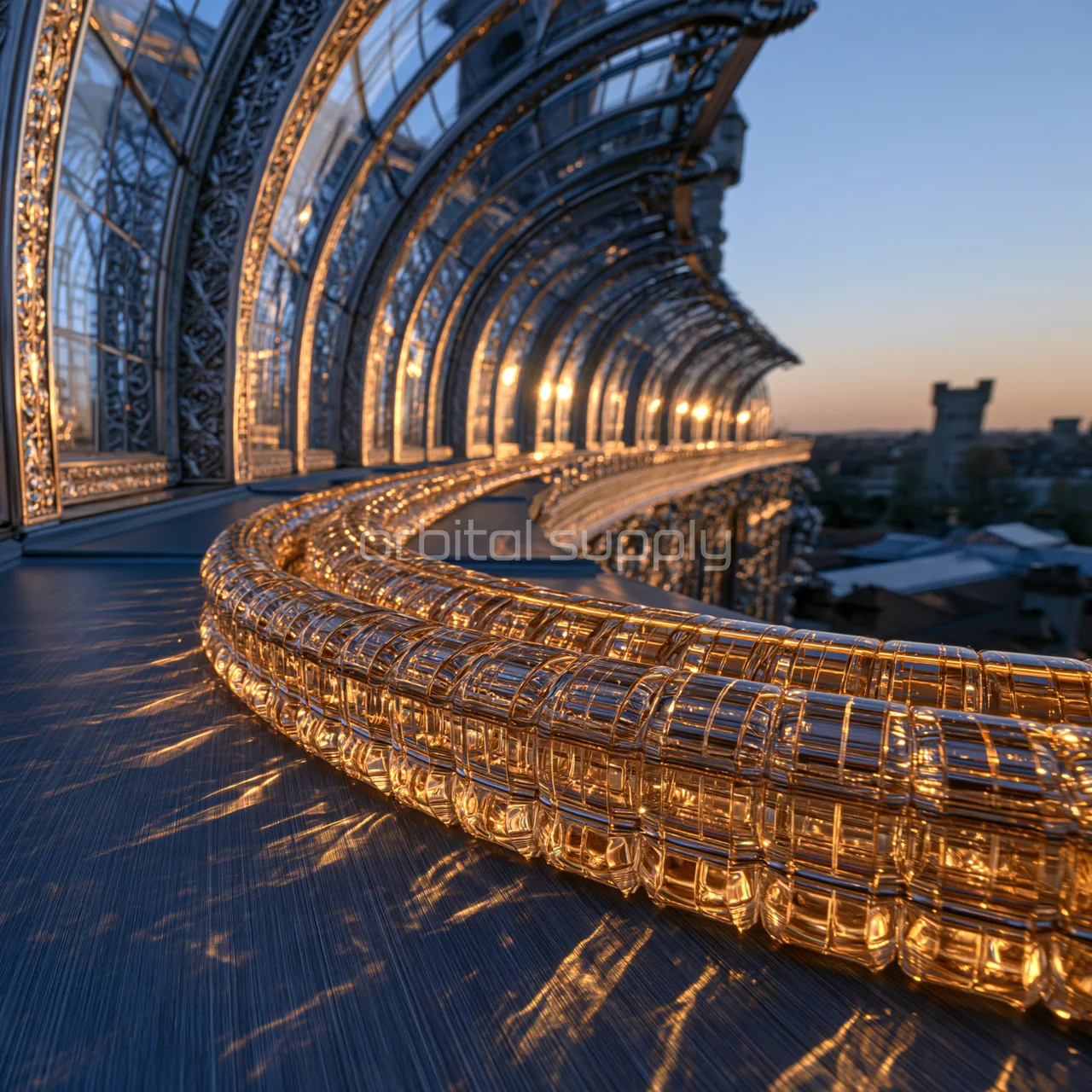 An amber glass balustrade curves along an elevated architectural gallery.