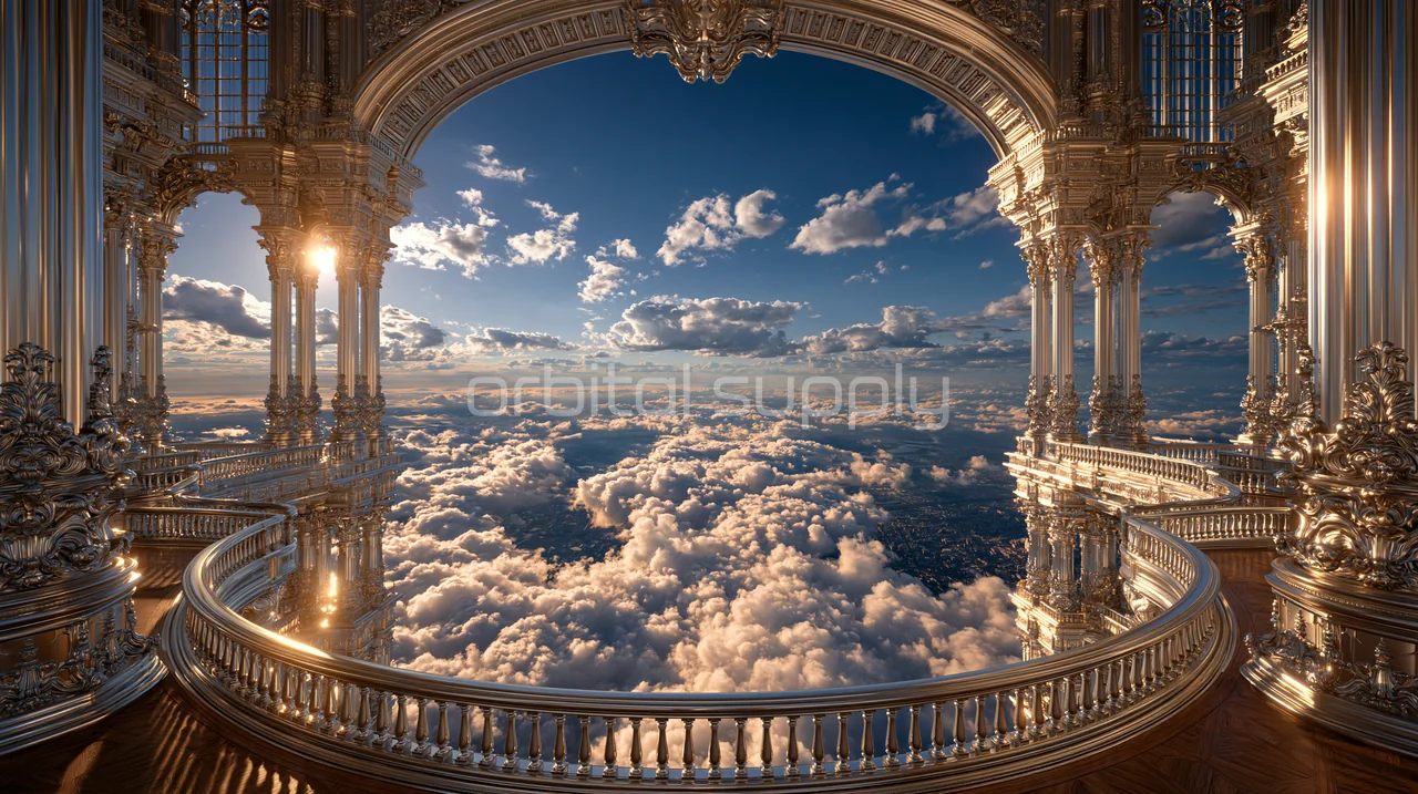 A broad ornate arch and a curved balcony frame a luminous cloud horizon.
