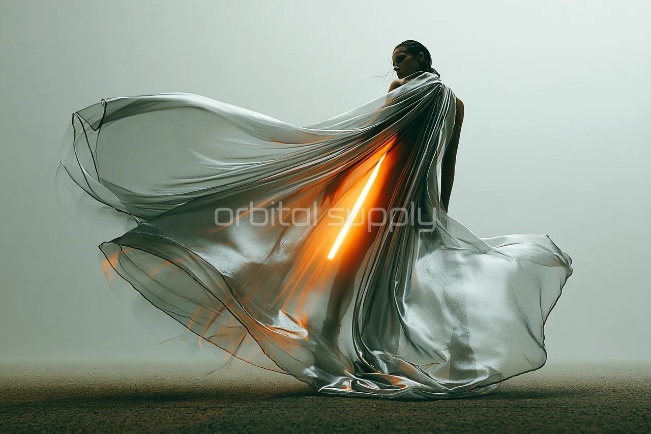 A figure holds an expansive translucent silver veil illuminated by amber light.