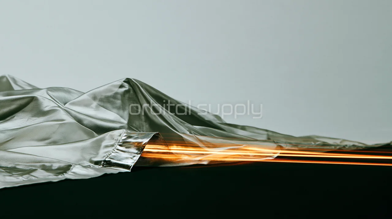 Silver fabric and a horizontal amber light trail occupy the lower edge of a grey-green field.