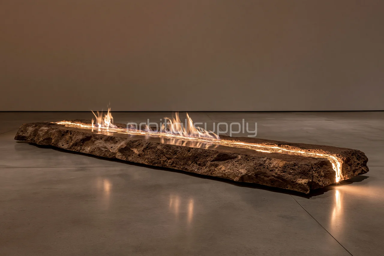 A long rough stone channel carries flames and amber light across a concrete floor.