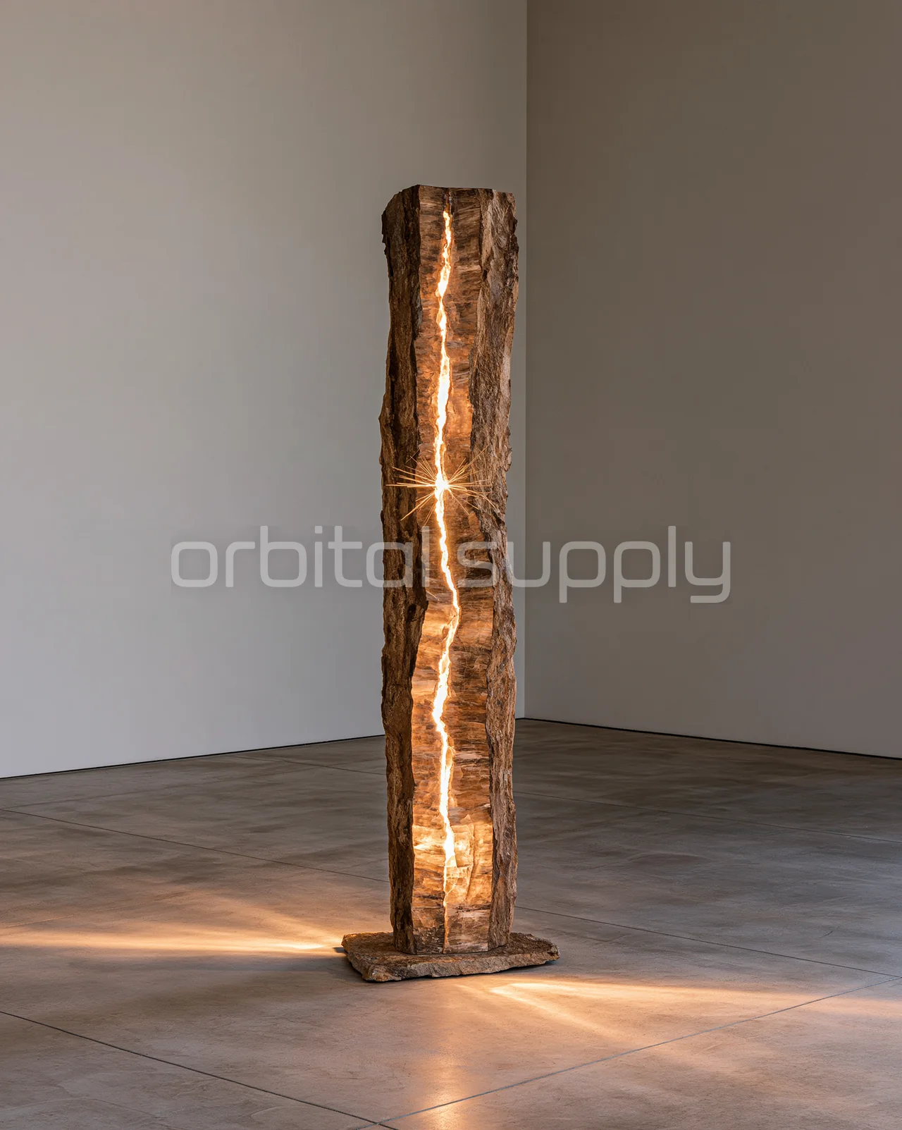A tall stone monolith is split by a luminous amber fissure.