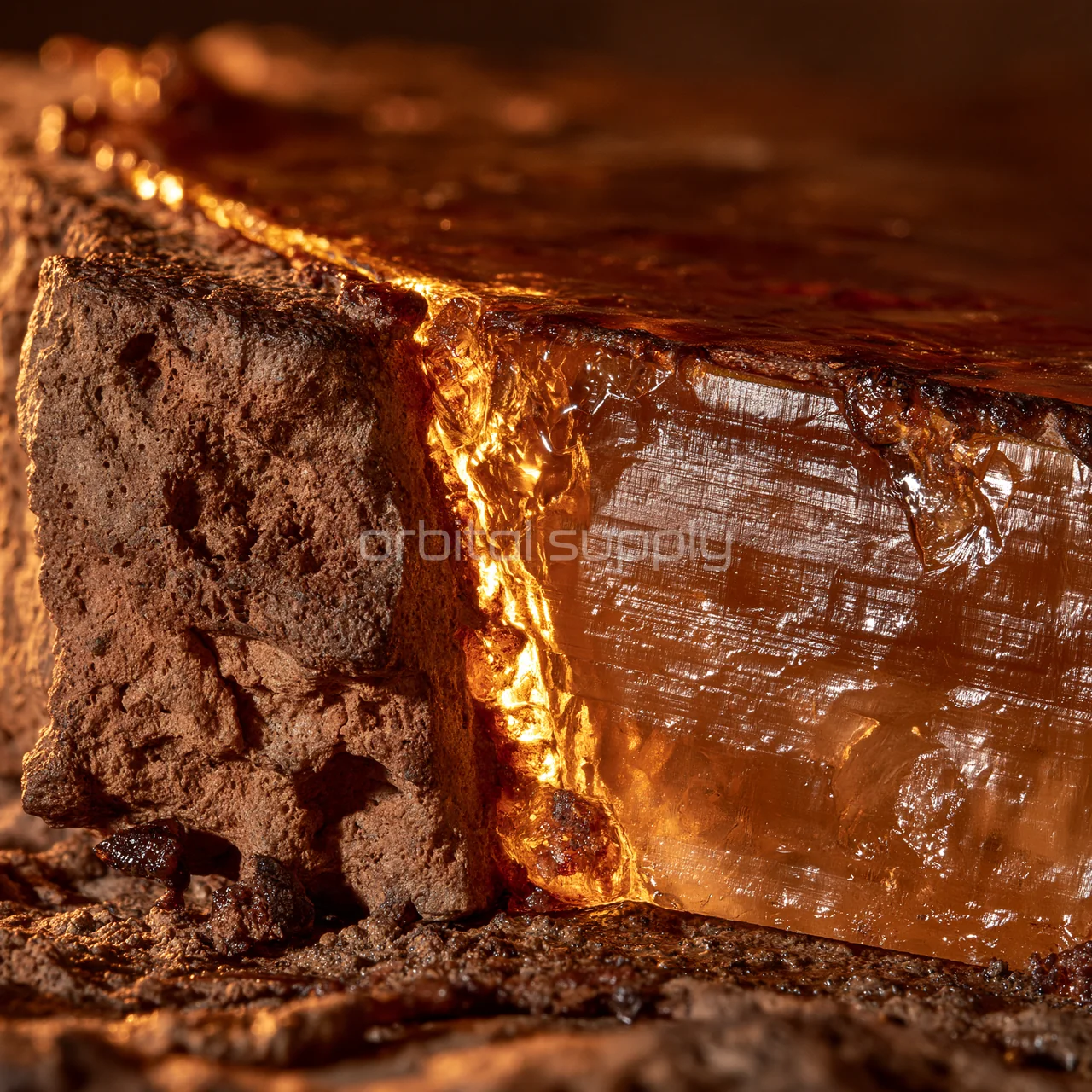 A close view of rough brown stone reveals a glowing translucent amber interior.