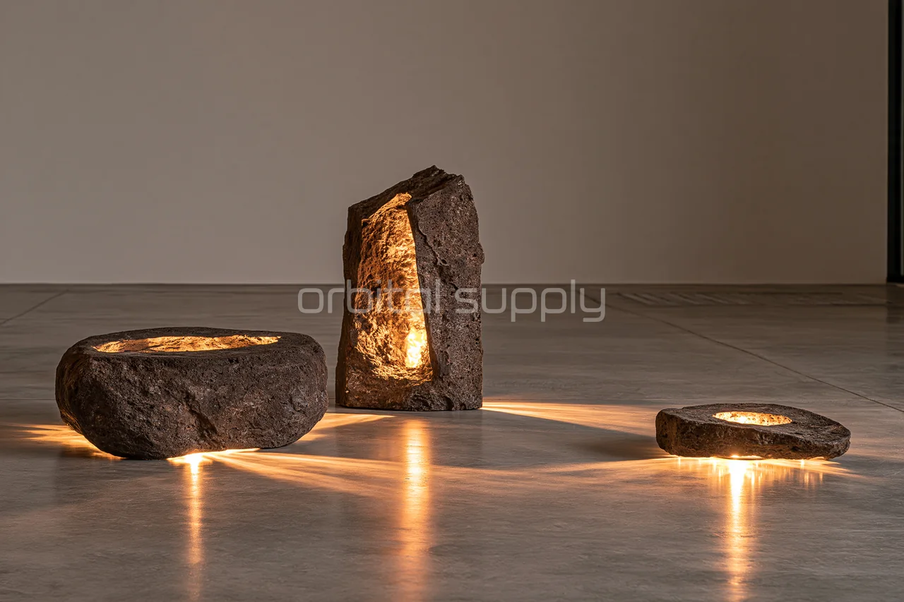 Three different stone vessels and fragments cast warm amber light onto a gallery floor.