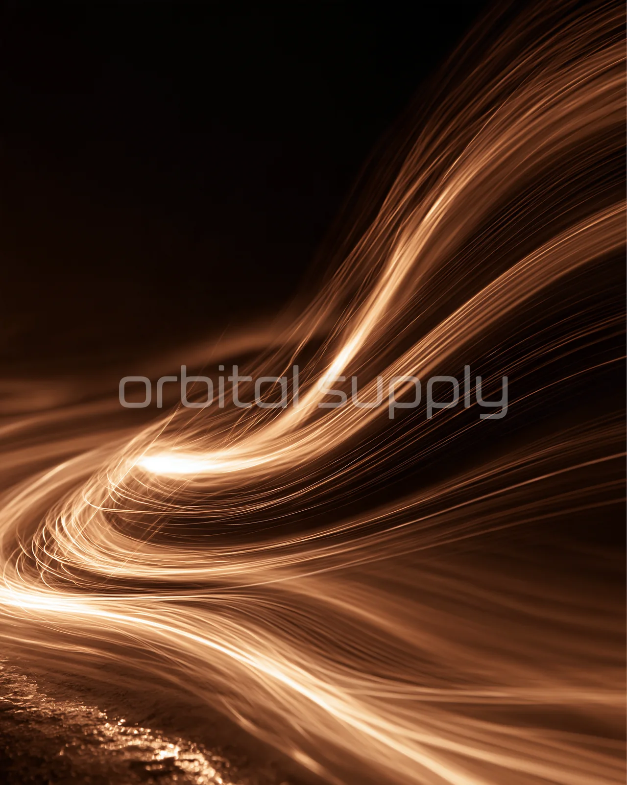 Fine golden currents sweep across a dark surface in flowing curves.