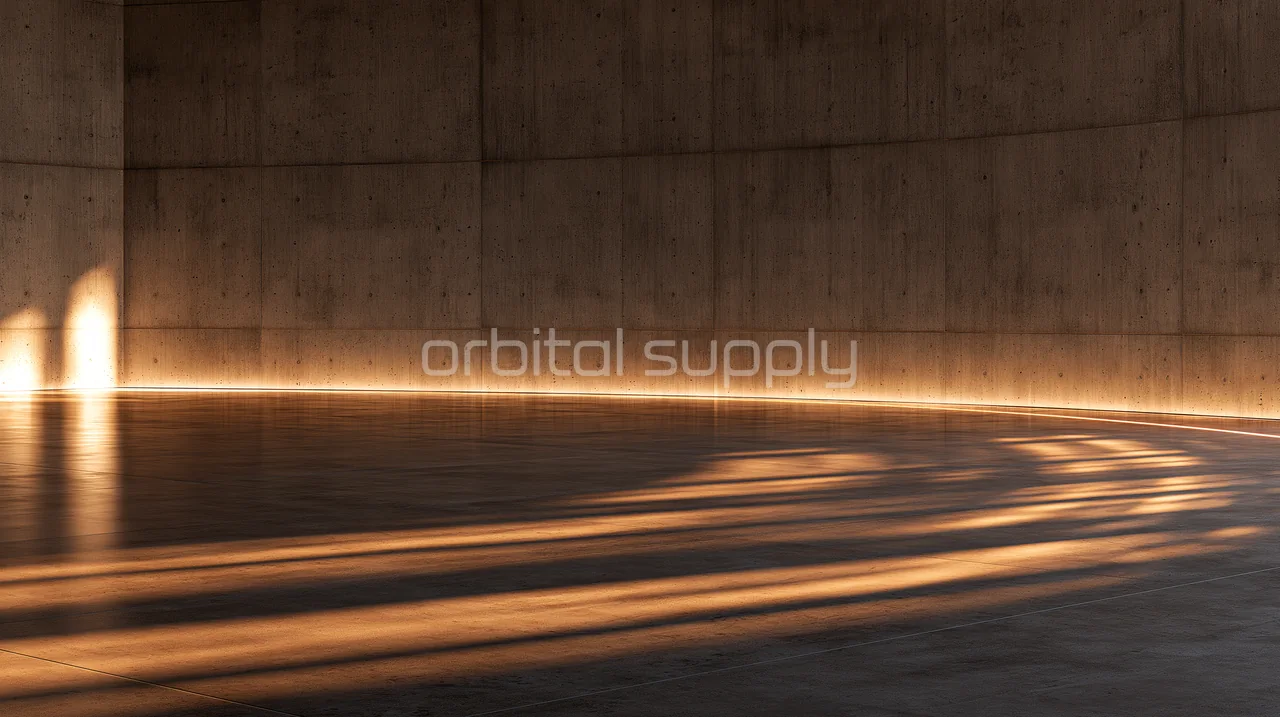 Broad amber bands of light cross a concrete gallery floor beneath a quiet wall.