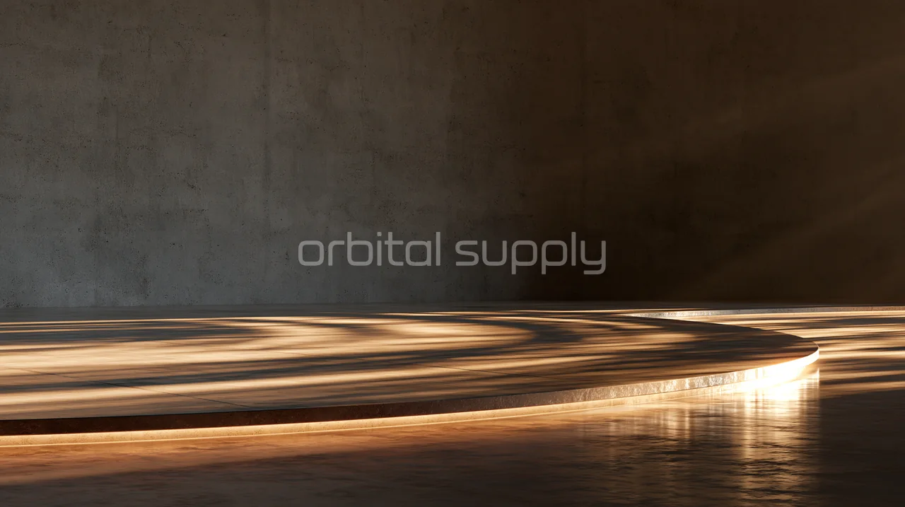 A bright amber arc and its layered reflections sweep across a polished floor.