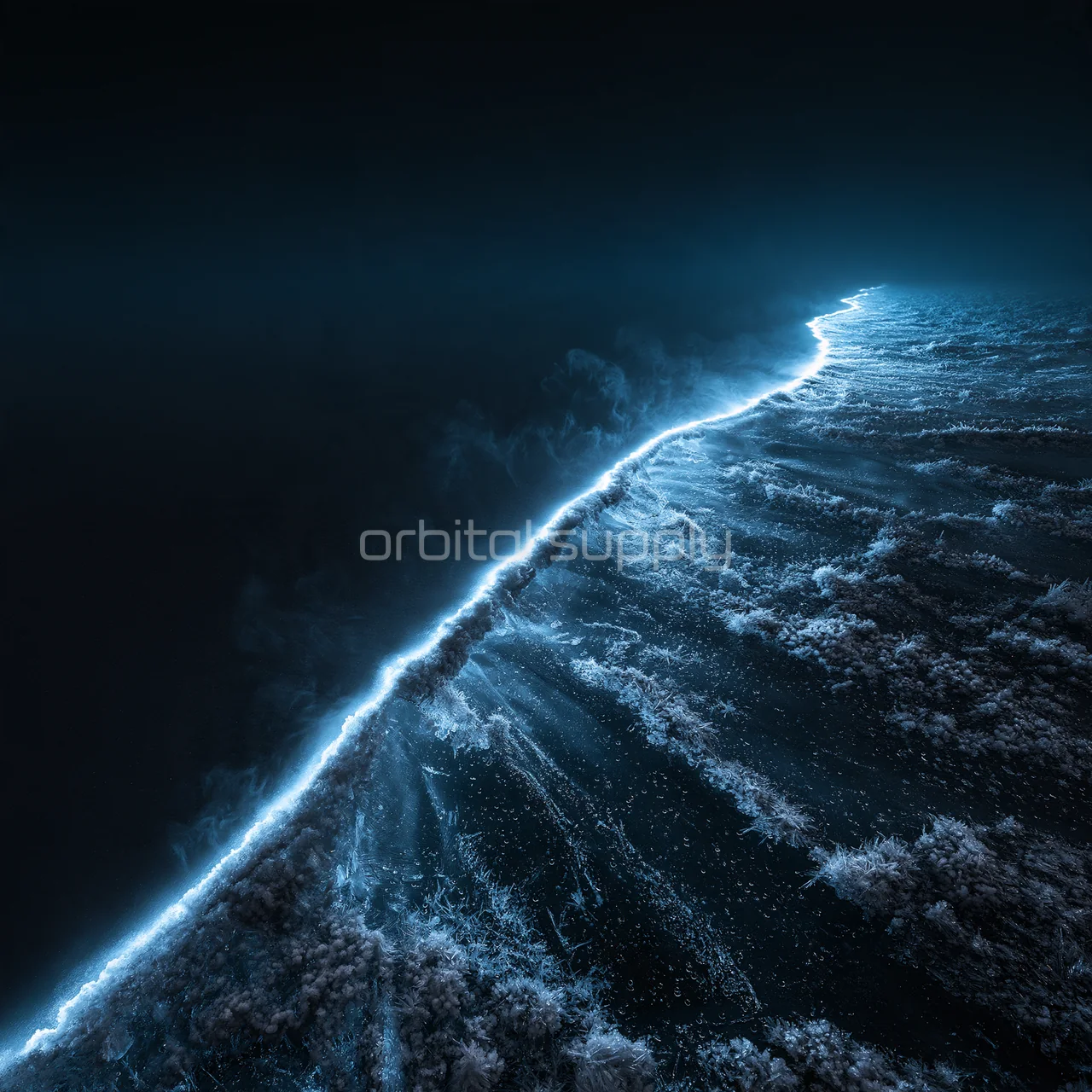 A bright blue-white boundary traces a textured dark surface in close view.