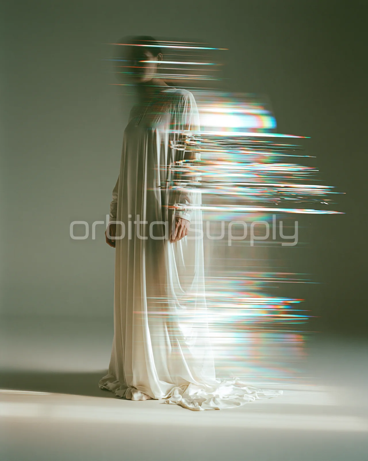 A full-length figure in an ivory garment dissolves into horizontal spectral fragments.
