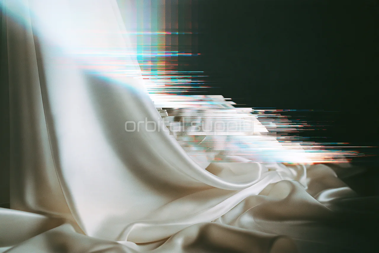 Soft ivory fabric folds dissolve into fine pearlescent interference.