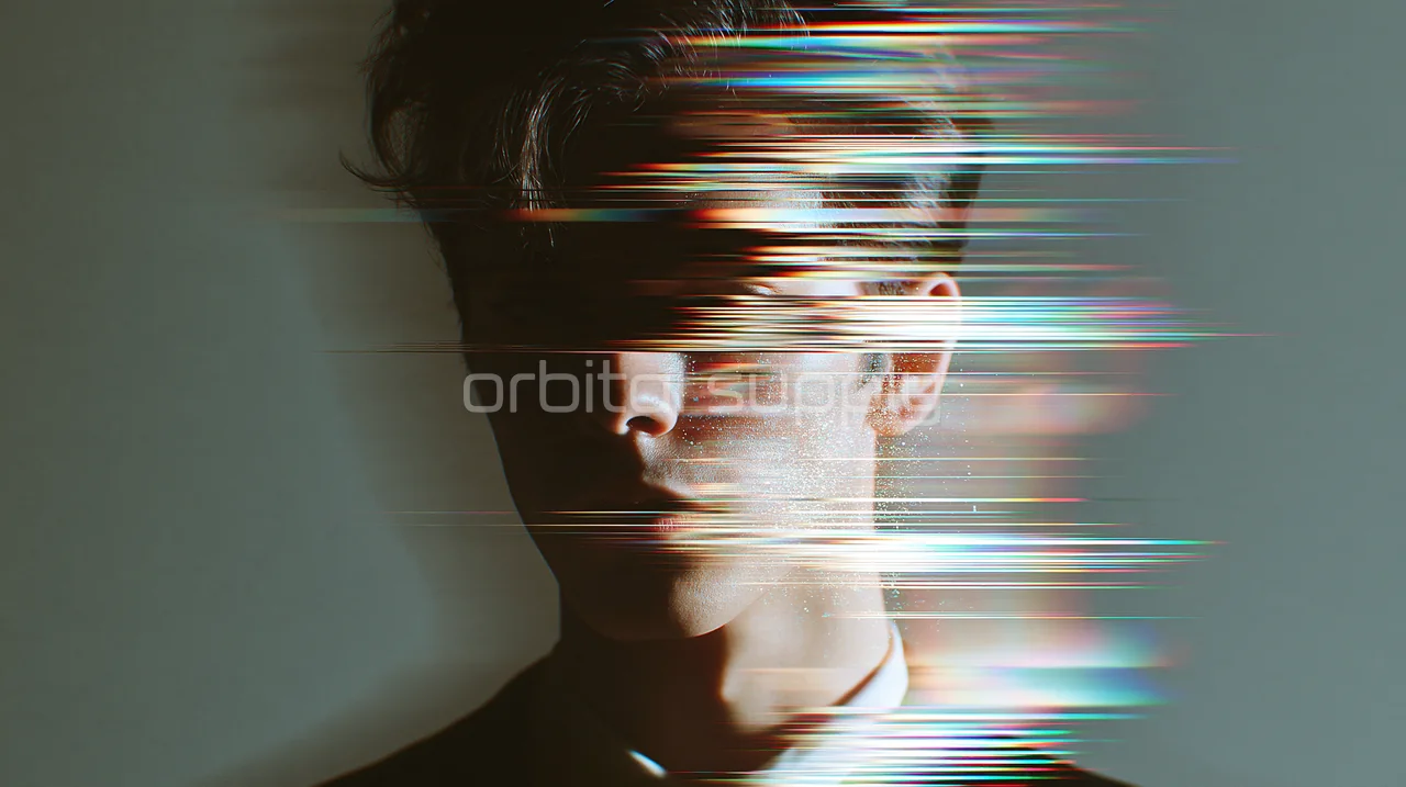 A close portrait is partially obscured by dense horizontal spectral interference.