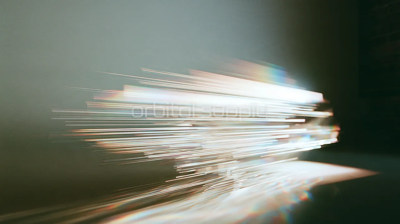 A compact cluster of pale horizontal light fragments stretches across a quiet grey-green background.
