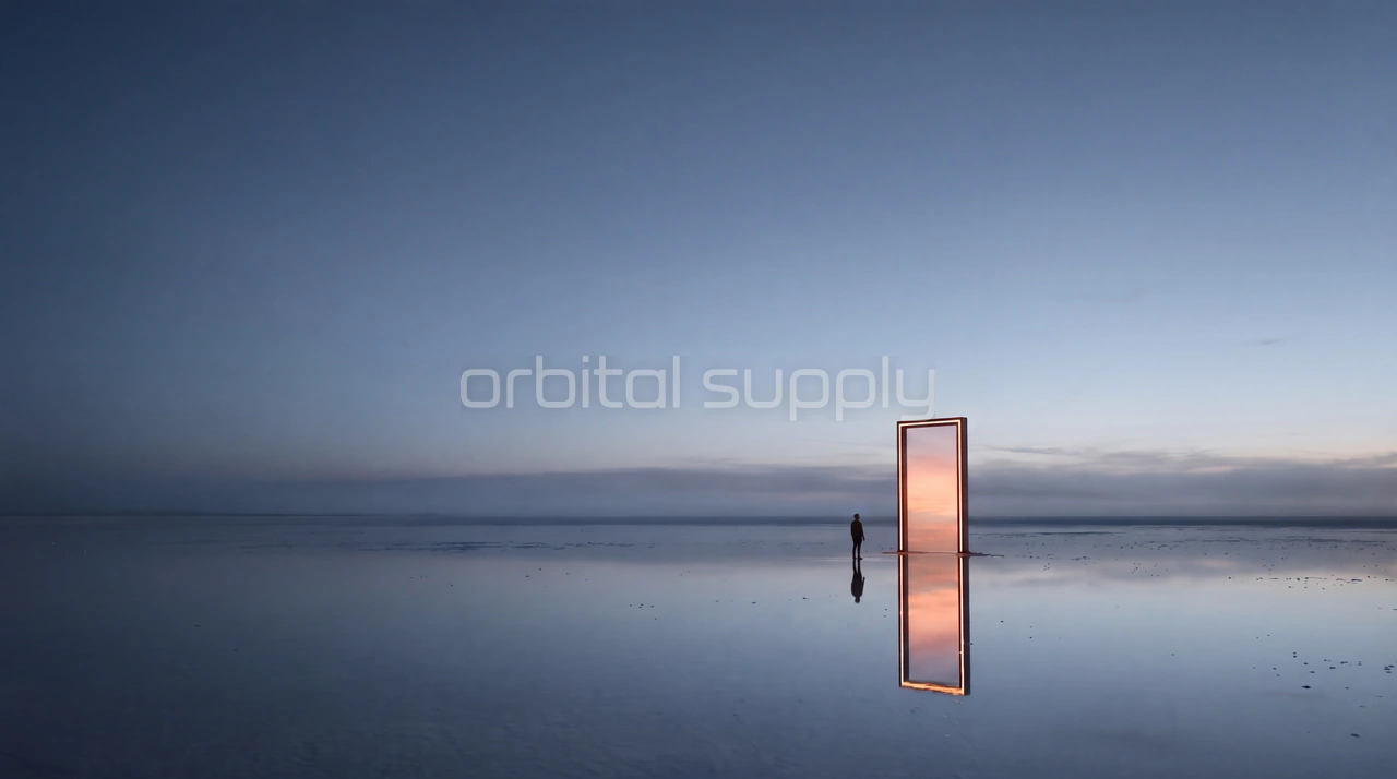 A small figure stands on a mirrored salt flat at blue hour beside a tall doorway of warm light.