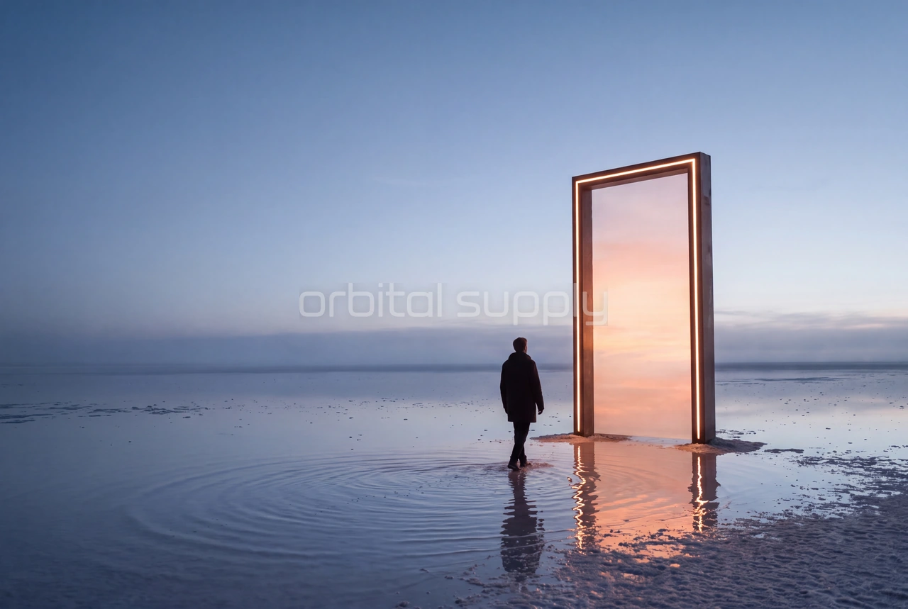 A person in a dark coat steps toward a glowing doorway as ripples spread across the shallow water.