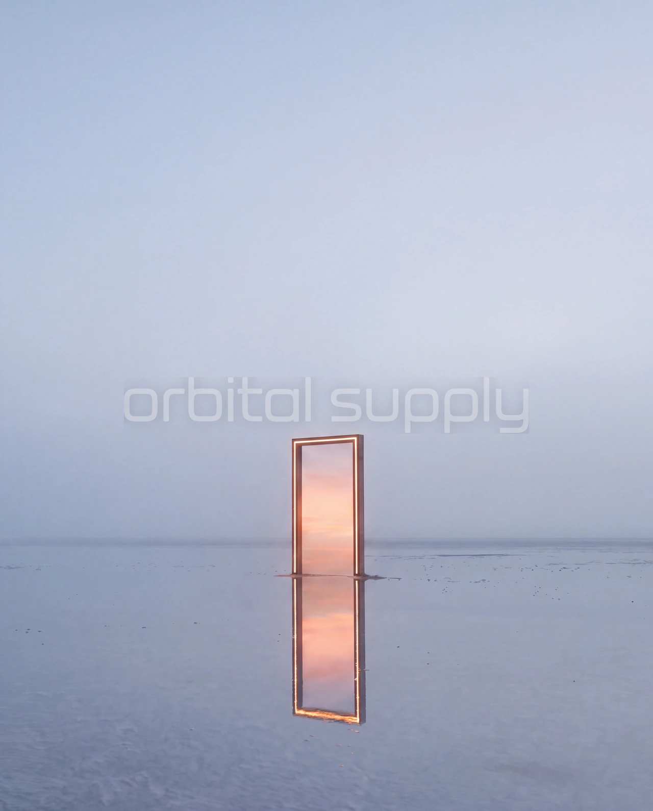 A lone glowing doorway and its reflection stand in pale fog over still water.