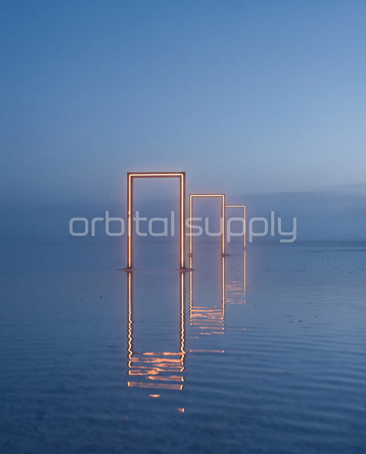 Three glowing doorway frames recede into blue mist, their reflections rippling on the water.