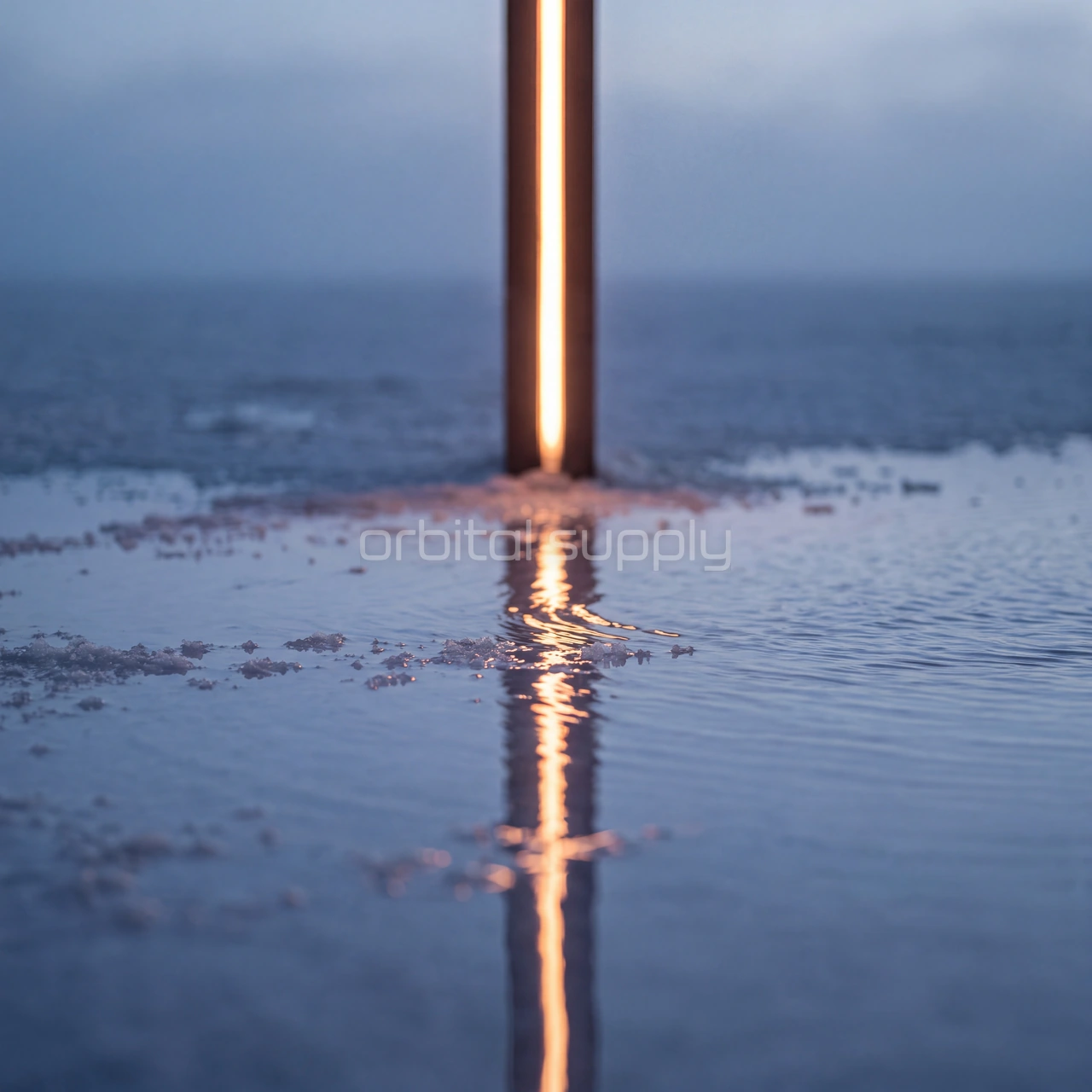 A glowing vertical line meets shallow water and salt crystals in a close, soft-focus view.