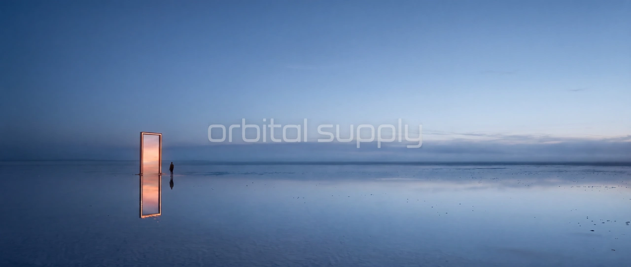 A distant glowing doorway and a tiny figure stand at the left edge of an immense mirrored horizon.