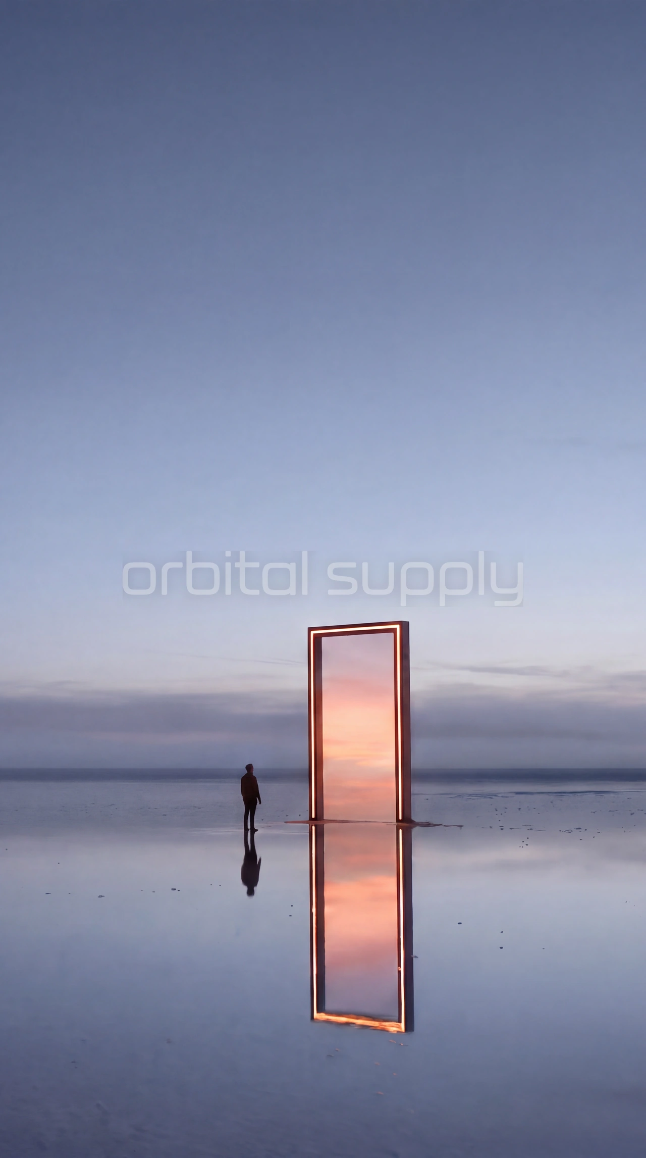 A vertical view of the glowing doorway and a small figure beneath a tall blue-hour sky.