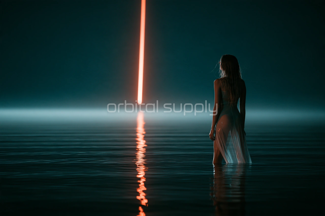 A figure in a sheer dress stands knee-deep in black water, watching a vertical coral beam fall into the sea.