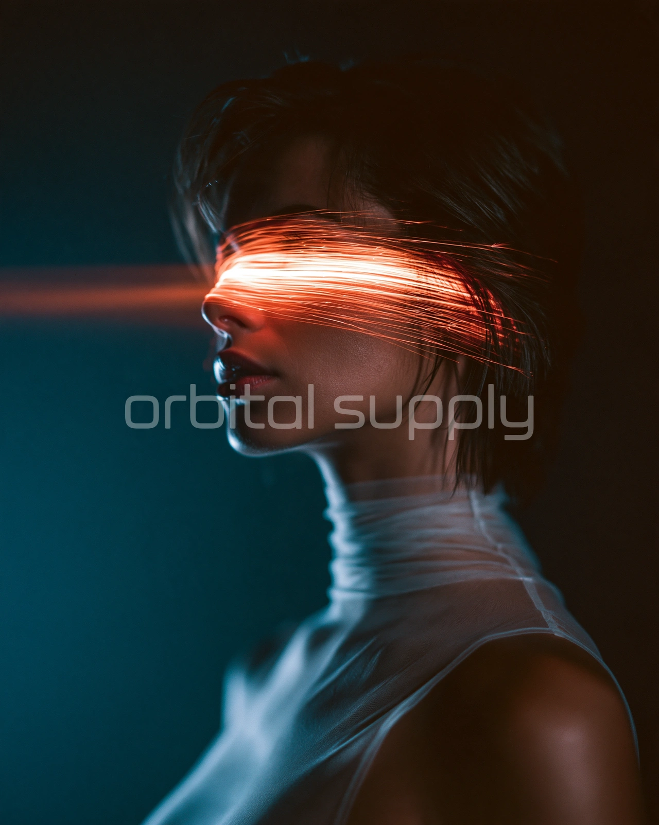 A band of molten light covers the eyes of a figure in profile wearing a sheer high-necked top.