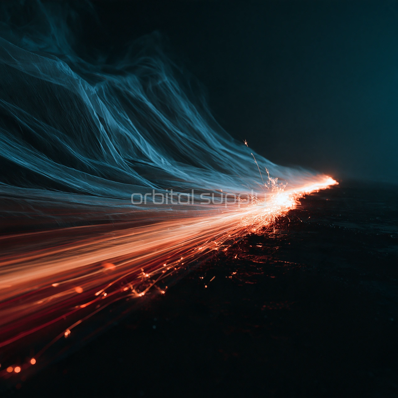 Strands of pale blue light and coral sparks sweep diagonally through the dark.