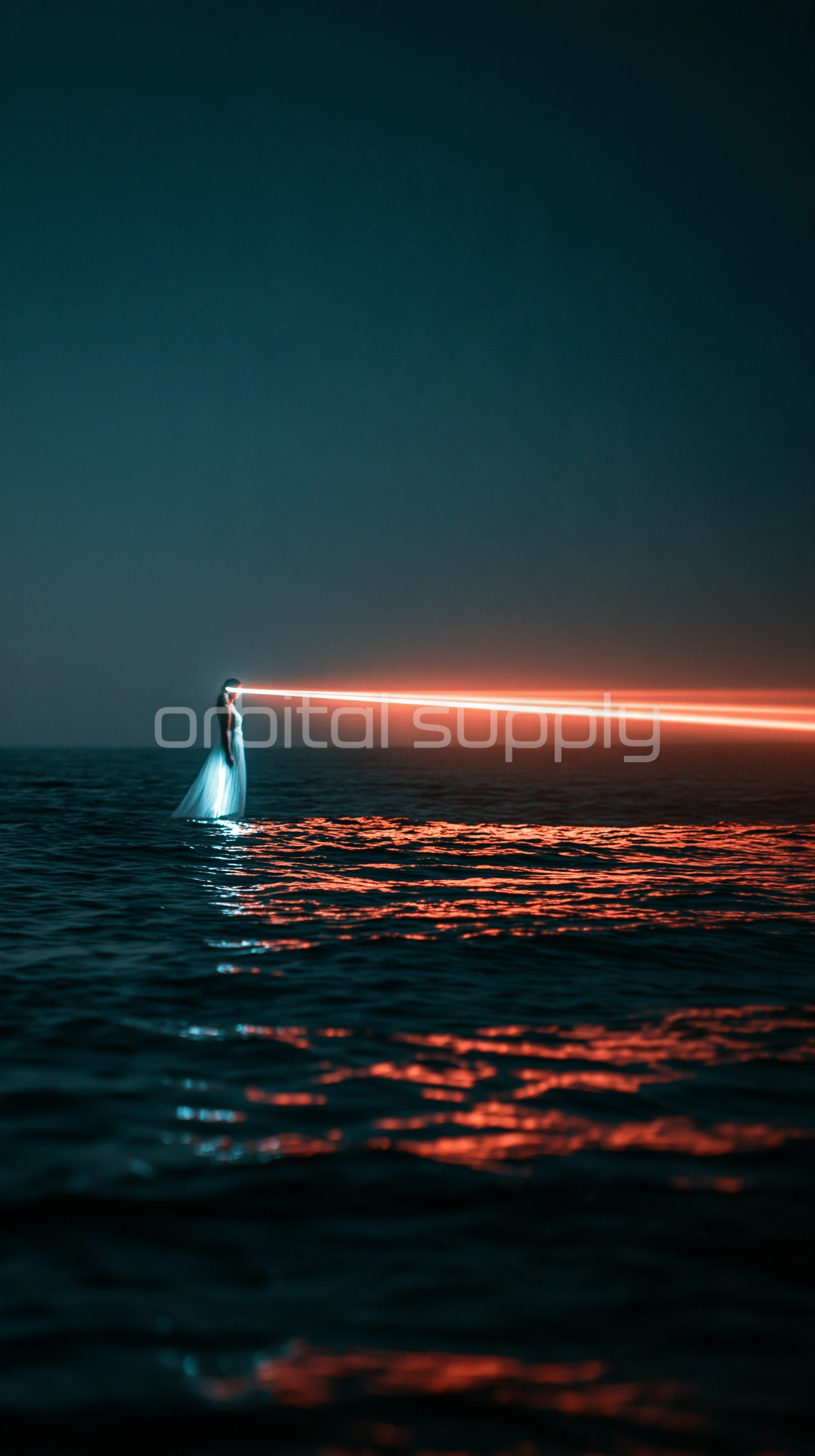 A small figure in white stands on dark water as a coral beam streams toward the right edge.