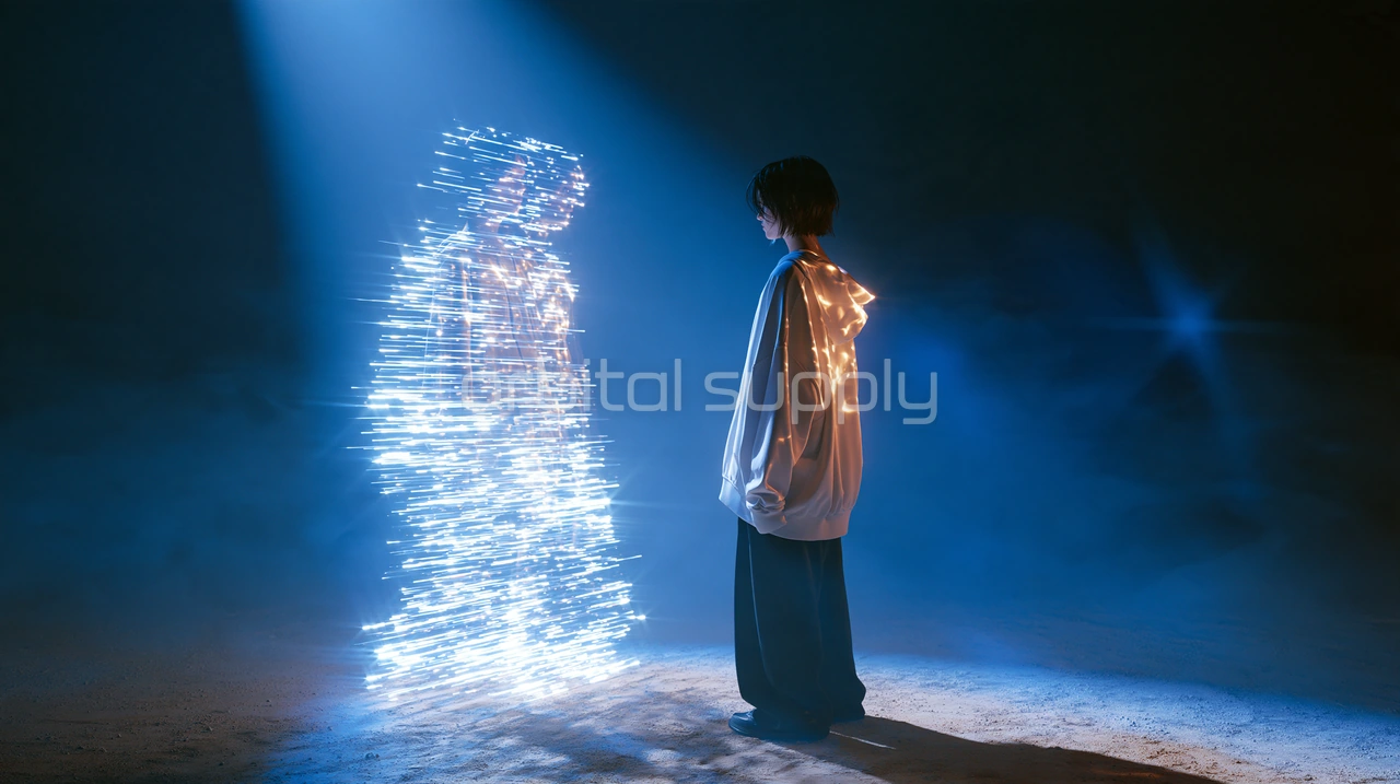 A young person in an oversized white hoodie faces a glowing double made of streaks of white and cyan light in blue fog.