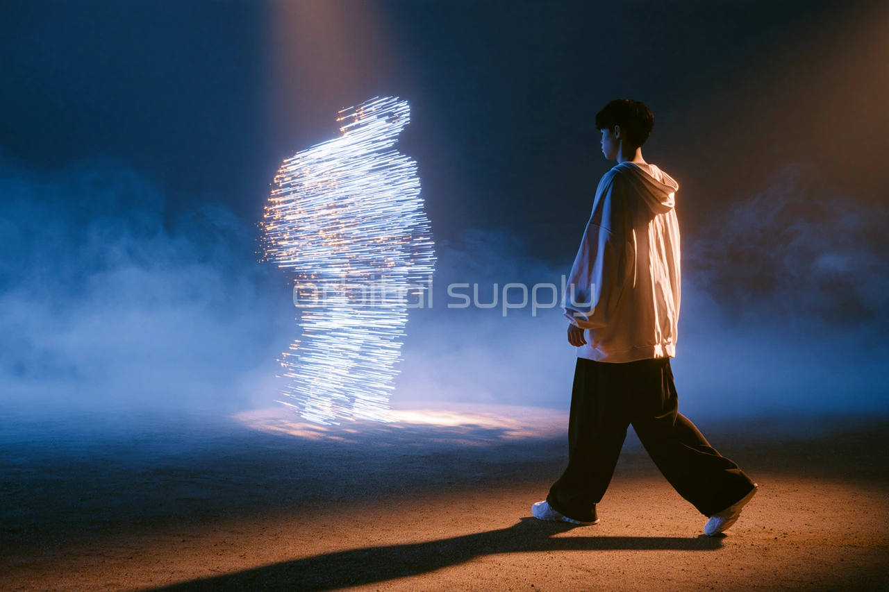 A young person in a white hoodie walks past a luminous double of light streaks in a misty blue space.