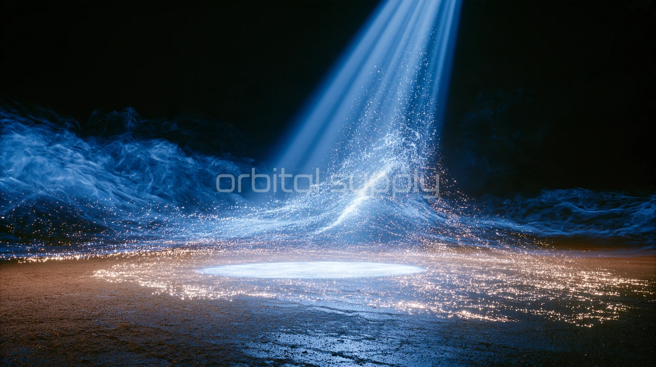 A beam of light falls through blue fog onto a dusty floor scattered with glowing particles.