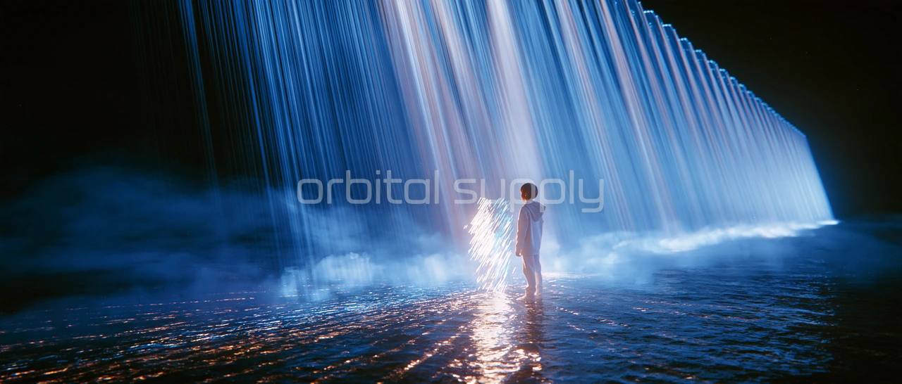 A young person and a small glowing double stand before a long wall of falling light over dark water.