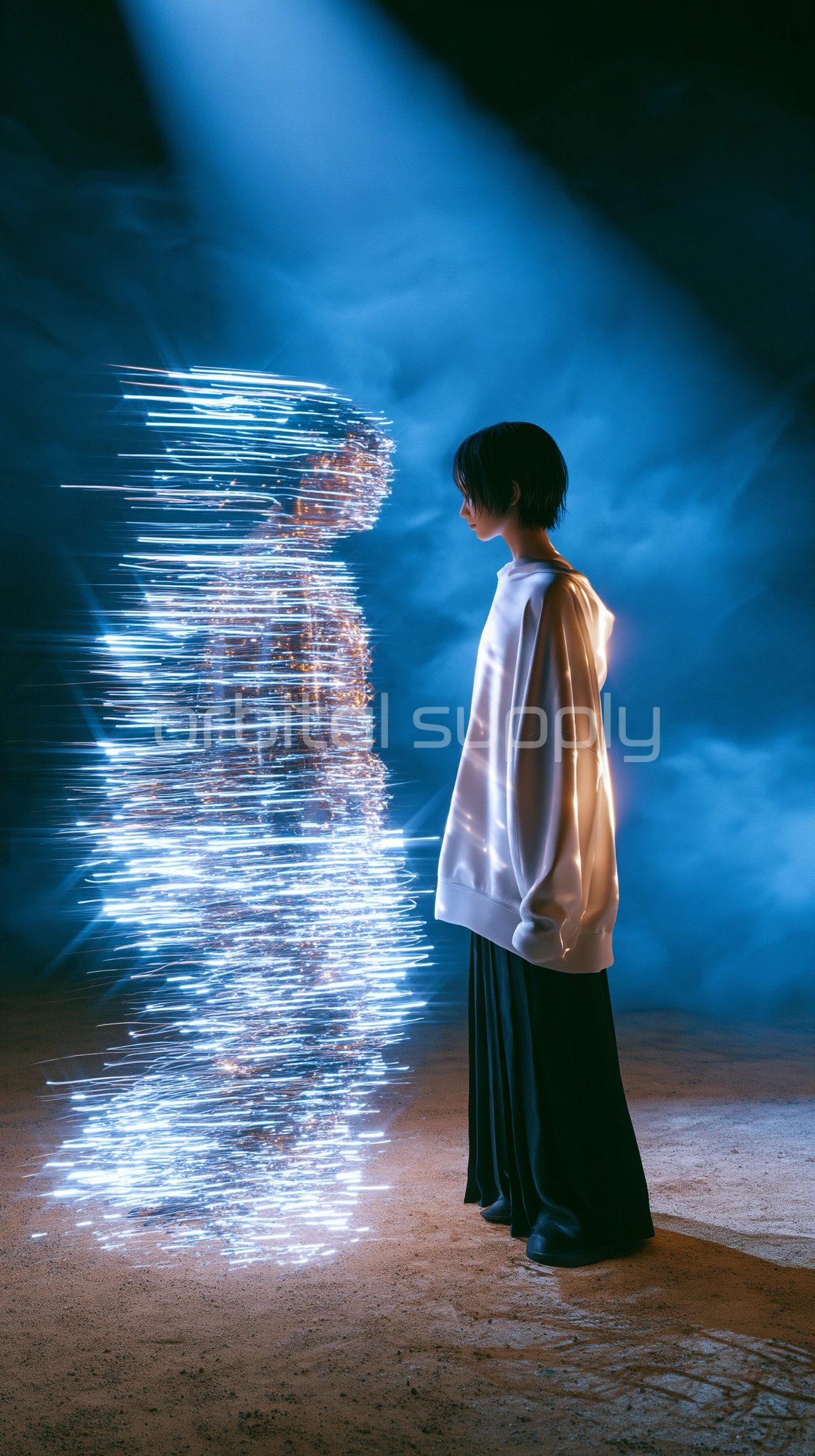 A young person in a white hoodie faces a glowing double of light streaks under a beam of blue light.